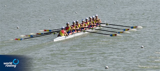 Andrei-Valentin Malis (b), Marius-Ionel Bodnar, Andrei Hemen, Cornel-Traian Ieremciuc, Andrei-Vlad-Robert Vatamaniuc, Alexandru-Gabriel Stetco, Constantin Emanuele Sterea, Eduard Angel Moldovan (s), Gavril Dumbrava (c), Men's Eight, Romania, 2021 World Rowing Junior Championships, Plovdiv, Bulgaria / Detlev Seyb/MyRowingPhoto.com