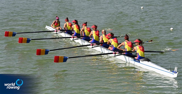Mariana-Laura Dumitru (b), Elena Silvia Mocanu, Florentina-Georgiana Neculaeasa, Ana-Maria Loghin, Petruta-Ionela Popa, Elena-Andreea Cerbu, Valentina Amalia Azoitei, Alexandra-Georgiana Ruscuta (s), Victoria-Stefania Petreanu (c), Women's Eight, Romania, 2021 World Rowing Junior Championships, Plovdiv, Bulgaria / Detlev Seyb/MyRowingPhoto.com