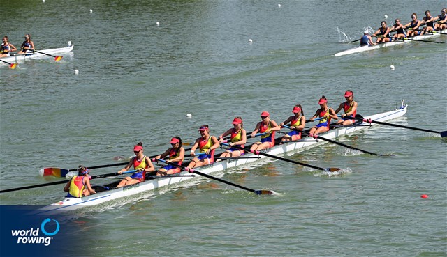 Mariana-Laura Dumitru (b), Elena Silvia Mocanu, Florentina-Georgiana Neculaeasa, Ana-Maria Loghin, Petruta-Ionela Popa, Elena-Andreea Cerbu, Valentina Amalia Azoitei, Alexandra-Georgiana Ruscuta (s), Victoria-Stefania Petreanu (c), Women's Eight, Romania, 2021 World Rowing Junior Championships, Plovdiv, Bulgaria / Detlev Seyb/MyRowingPhoto.com