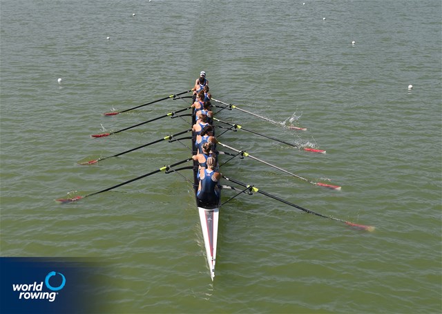 Catherine Van Stone (b), Sofia Simone, Paloma Sequeira, Lauren Peters, Mia Levy, Sophia Klessel, Elsa Hartman, Nora Goodwillie (s), Julietta Camahort (c), Women's Eight, United States of America, 2021 World Rowing Junior Championships, Plovdiv, Bulgaria / Detlev Seyb/MyRowingPhoto.com
