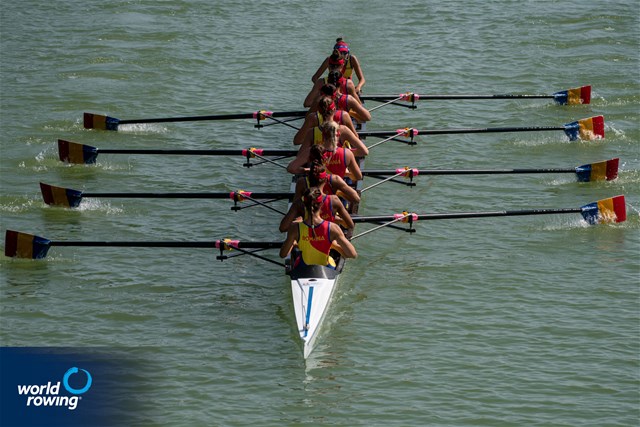 Mariana-Laura Dumitru (b), Elena Silvia Mocanu, Florentina-Georgiana Neculaeasa, Ana-Maria Loghin, Petruta-Ionela Popa, Elena-Andreea Cerbu, Valentina Amalia Azoitei, Alexandra-Georgiana Ruscuta (s), Victoria-Stefania Petreanu (c), Women's Eight, Romania, 2021 World Rowing Junior Championships, Plovdiv, Bulgaria / World Rowing/Benedict Tufnell