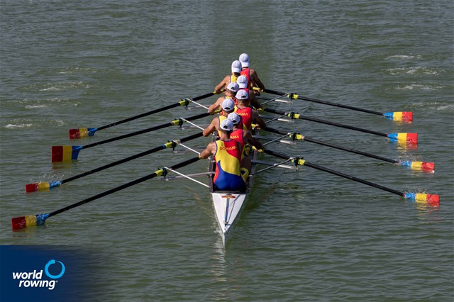 Andrei-Valentin Malis (b), Marius-Ionel Bodnar, Andrei Hemen, Cornel-Traian Ieremciuc, Andrei-Vlad-Robert Vatamaniuc, Alexandru-Gabriel Stetco, Constantin Emanuele Sterea, Eduard Angel Moldovan (s), Gavril Dumbrava (c), Men's Eight, Romania, 2021 World Rowing Junior Championships, Plovdiv, Bulgaria / World Rowing/Benedict Tufnell