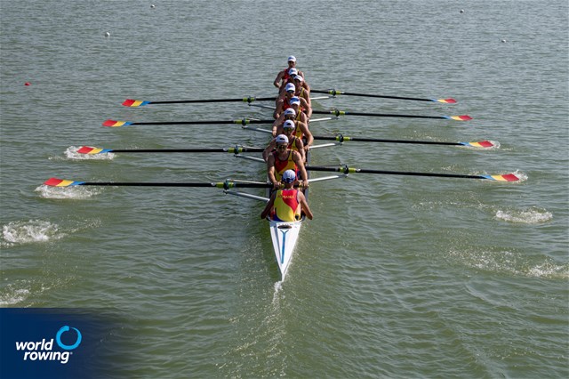 Andrei-Valentin Malis (b), Marius-Ionel Bodnar, Andrei Hemen, Cornel-Traian Ieremciuc, Andrei-Vlad-Robert Vatamaniuc, Alexandru-Gabriel Stetco, Constantin Emanuele Sterea, Eduard Angel Moldovan (s), Gavril Dumbrava (c), Men's Eight, Romania, 2021 World Rowing Junior Championships, Plovdiv, Bulgaria / World Rowing/Benedict Tufnell