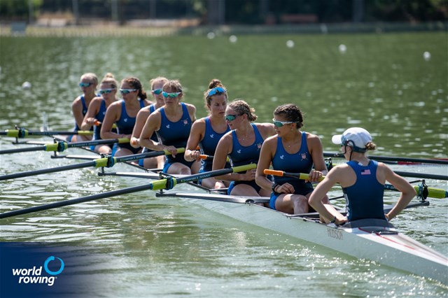 Catherine Van Stone (b), Sofia Simone, Paloma Sequeira, Lauren Peters, Mia Levy, Sophia Klessel, Elsa Hartman, Nora Goodwillie (s), Julietta Camahort (c), Women's Eight, United States of America, 2021 World Rowing Junior Championships, Plovdiv, Bulgaria / World Rowing/Benedict Tufnell