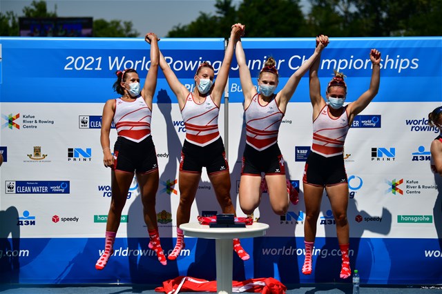 Thalia Ahumada Ireland (b), Nicole Schmid, Lina Kuehn, Olivia Roth (s), Women's Quadruple Sculls, Switzerland, 2021 World Rowing Junior Championships, Plovdiv, Bulgaria / World Rowing/Benedict Tufnell 