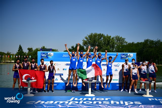 Emilio Pappalettera (b), Simone Pappalepore, Luca Vicino, Marco Vicino (s), Lorenzo Fanchi (c), Italy, Gold, Enver Erman (b), Serkan Erkal, Kaan Aydin, Ali Ardil Ilgun (s), Ege Buyukcetin (c), Turkey, Silver, Pierre-Esteban Soubeste (b), Ethan Chouraqui, Bathazar Chove, Awen Thomas (s), Lucie Mercier (c), France, Bronze, Men's Coxed Four, 2021 World Rowing Junior Championships, Plovdiv, Bulgaria  / World Rowing/Benedict Tufnell 