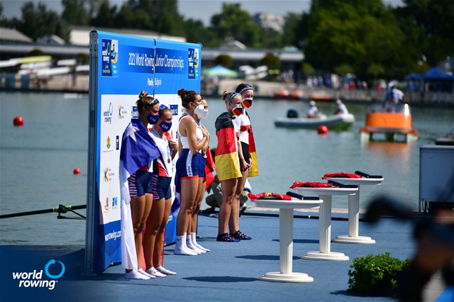 Zelie Jacoulet (b), Fleur Vaucoret (s), France, Gold, Magdalena Jesus Nannig Rojas (b), Antonia Leonor Liewald Heise (s), Chile, Silver, Lena Gresens (b), Anni Koetitz (s), Germany, Bronze, Women's Pair, 2021 World Rowing Junior Championships, Plovdiv, Bulgaria  / World Rowing/Benedict Tufnell 