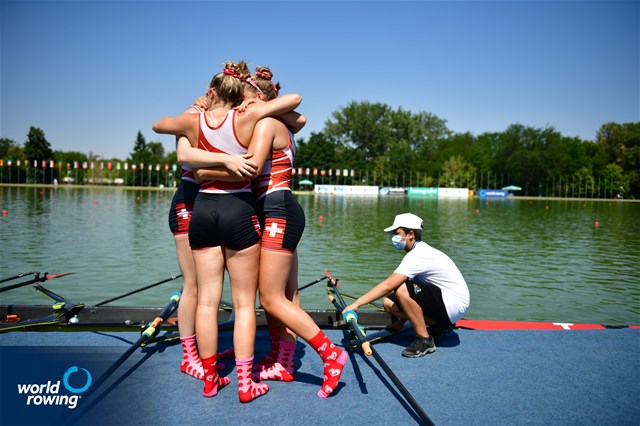Thalia Ahumada Ireland (b), Nicole Schmid, Lina Kuehn, Olivia Roth (s), Women's Quadruple Sculls, Switzerland, 2021 World Rowing Junior Championships, Plovdiv, Bulgaria / World Rowing/Benedict Tufnell 