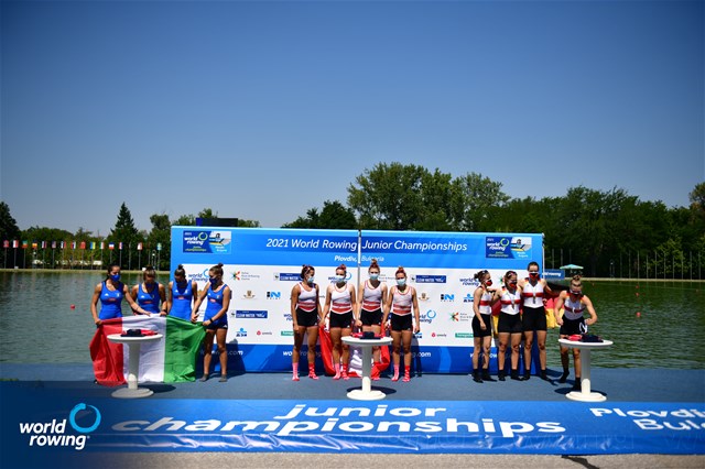 Thalia Ahumada Ireland (b), Nicole Schmid, Lina Kuehn, Olivia Roth (s), Switzerland, Gold, Susanna Pedrola (b), Giulia Bosio, Alice Gnatta, Francesca Rubeo (s), Italy, Silver, Rebekka Falkenberg (b), Lina Goetze, Johanna Debus, Marlene Schollmeyer (s), Germany, Bronze, Women's Quadruple Sculls, 2021 World Rowing Junior Championships, Plovdiv, Bulgaria / World Rowing/Benedict Tufnell 