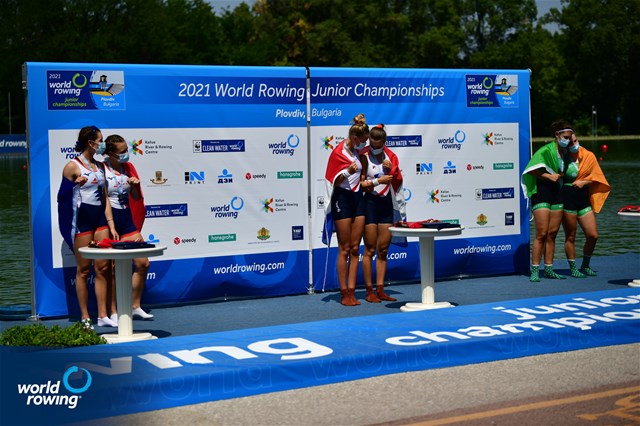 Lotta Van Westreenen (b), Phaedra Van Der Molen (s), Netherlands, Gold, Gaia Chiavini (b), Jeanne Roche (s), France, Silver, Holly Davis (b), Rachel Bradley (s), Ireland, Bronze, Women's Double Sculls, 2021 World Rowing Junior Championships, Plovdiv, Bulgaria / World Rowing/Benedict Tufnell 