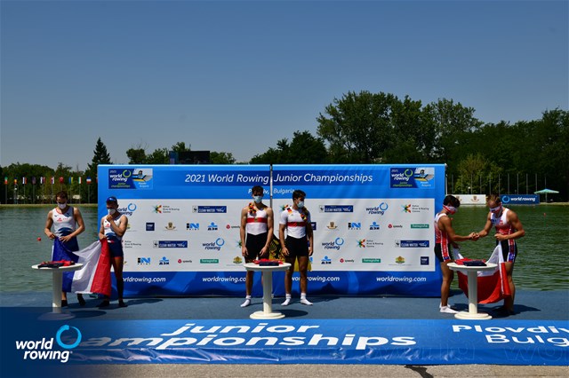 Finn Staeblein (b), Adrian Groth (s), Germany, Gold, Samuel Arque (b), Martin Bauer (s), France, Silver, Mikolaj Kulka (b), Daniel Galeza (s), Poland, Bronze, Men's Double Sculls, 2021 World Rowing Junior Championships, Plovdiv, Bulgaria / World Rowing/Benedict Tufnell 