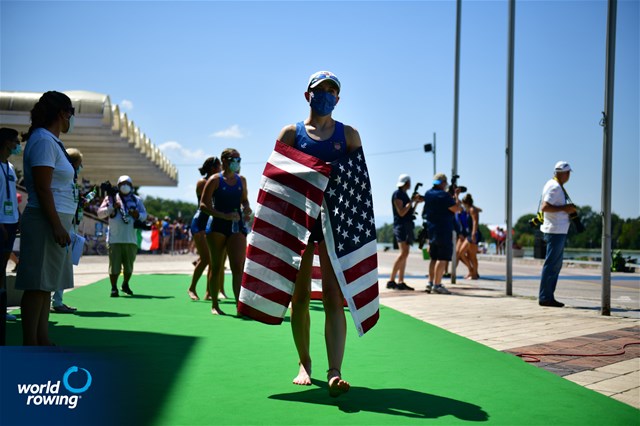 Catherine Van Stone (b), Sofia Simone, Paloma Sequeira, Lauren Peters, Mia Levy, Sophia Klessel, Elsa Hartman, Nora Goodwillie (s), Julietta Camahort (c), Women's Eight, United States of America, 2021 World Rowing Junior Championships, Plovdiv, Bulgaria / World Rowing/Benedict Tufnell 