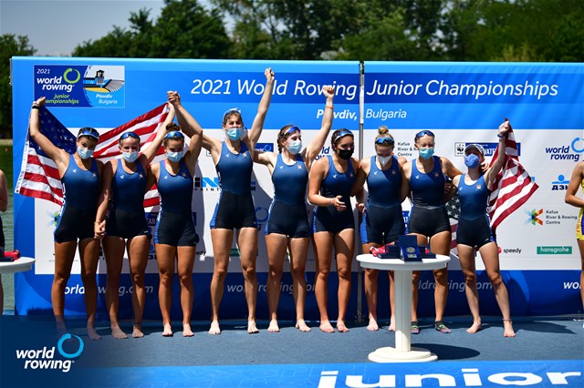 Catherine Van Stone (b), Sofia Simone, Paloma Sequeira, Lauren Peters, Mia Levy, Sophia Klessel, Elsa Hartman, Nora Goodwillie (s), Julietta Camahort (c), Women's Eight, United States of America, 2021 World Rowing Junior Championships, Plovdiv, Bulgaria / World Rowing/Benedict Tufnell 