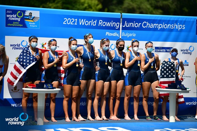 Catherine Van Stone (b), Sofia Simone, Paloma Sequeira, Lauren Peters, Mia Levy, Sophia Klessel, Elsa Hartman, Nora Goodwillie (s), Julietta Camahort (c), Women's Eight, United States of America, 2021 World Rowing Junior Championships, Plovdiv, Bulgaria / World Rowing/Benedict Tufnell 