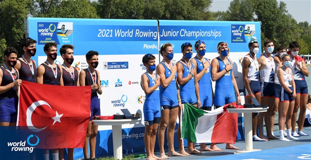 Emilio Pappalettera (b), Simone Pappalepore, Luca Vicino, Marco Vicino (s), Lorenzo Fanchi (c), Italy, Gold, Enver Erman (b), Serkan Erkal, Kaan Aydin, Ali Ardil Ilgun (s), Ege Buyukcetin (c), Turkey, Silver, Pierre-Esteban Soubeste (b), Ethan Chouraqui, Bathazar Chove, Awen Thomas (s), Lucie Mercier (c), France, Bronze, Men's Coxed Four, 2021 World Rowing Junior Championships, Plovdiv, Bulgaria  / Detlev Seyb/MyRowingPhoto.com