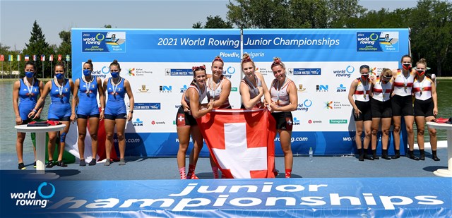 Thalia Ahumada Ireland (b), Nicole Schmid, Lina Kuehn, Olivia Roth (s), Switzerland, Gold, Susanna Pedrola (b), Giulia Bosio, Alice Gnatta, Francesca Rubeo (s), Italy, Silver, Rebekka Falkenberg (b), Lina Goetze, Johanna Debus, Marlene Schollmeyer (s), Germany, Bronze, Women's Quadruple Sculls, 2021 World Rowing Junior Championships, Plovdiv, Bulgaria / Detlev Seyb/MyRowingPhoto.com