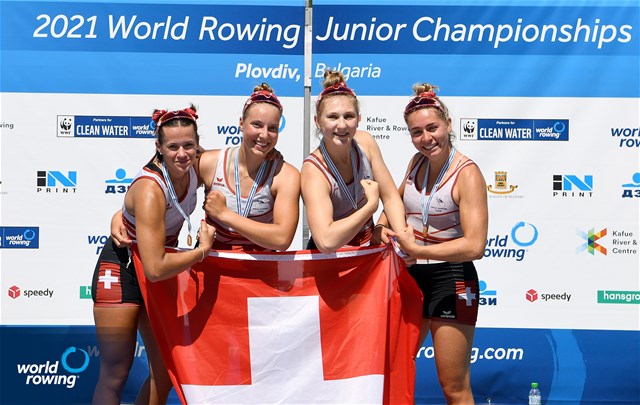 Thalia Ahumada Ireland (b), Nicole Schmid, Lina Kuehn, Olivia Roth (s), Women's Quadruple Sculls, Switzerland, 2021 World Rowing Junior Championships, Plovdiv, Bulgaria / Detlev Seyb/MyRowingPhoto.com