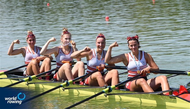 Thalia Ahumada Ireland (b), Nicole Schmid, Lina Kuehn, Olivia Roth (s), Women's Quadruple Sculls, Switzerland, 2021 World Rowing Junior Championships, Plovdiv, Bulgaria / Detlev Seyb/MyRowingPhoto.com