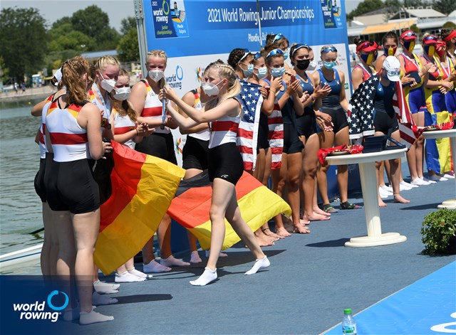 Catherine Van Stone (b), Sofia Simone, Paloma Sequeira, Lauren Peters, Mia Levy, Sophia Klessel, Elsa Hartman, Nora Goodwillie (s), Julietta Camahort (c), United States of America, Gold, Andra Aumann (b), Johanna Sziedat, Celina Grunwald, Anne Schepinski, Marie Luise Kohlbach, Frederike Foester, Eva Weitzel, Emilia Fritz (s), Magdalena Hallay (c), Germany, SIlver, Mariana-Laura Dumitru (b), Elena Silvia Mocanu, Florentina-Georgiana Neculaeasa, Ana-Maria Loghin, Petruta-Ionela Popa, Elena-Andreea Cerbu, Valentina Amalia Azoitei, Alexandra-Georgiana Ruscuta (s), Victoria-Stefania Petreanu (c), Romania, Bronze, Women's Eight, 2021 World Rowing Junior Championships, Plovdiv, Bulgaria / Detlev Seyb/MyRowingPhoto.com