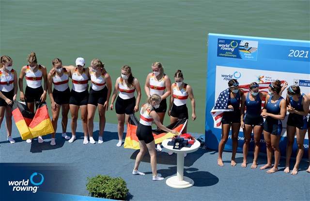 Catherine Van Stone (b), Sofia Simone, Paloma Sequeira, Lauren Peters, Mia Levy, Sophia Klessel, Elsa Hartman, Nora Goodwillie (s), Julietta Camahort (c), United States of America, Gold, Andra Aumann (b), Johanna Sziedat, Celina Grunwald, Anne Schepinski, Marie Luise Kohlbach, Frederike Foester, Eva Weitzel, Emilia Fritz (s), Magdalena Hallay (c), Germany, SIlver, Mariana-Laura Dumitru (b), Elena Silvia Mocanu, Florentina-Georgiana Neculaeasa, Ana-Maria Loghin, Petruta-Ionela Popa, Elena-Andreea Cerbu, Valentina Amalia Azoitei, Alexandra-Georgiana Ruscuta (s), Victoria-Stefania Petreanu (c), Romania, Bronze, Women's Eight, 2021 World Rowing Junior Championships, Plovdiv, Bulgaria/ Detlev Seyb/MyRowingPhoto.com