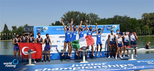 Emilio Pappalettera (b), Simone Pappalepore, Luca Vicino, Marco Vicino (s), Lorenzo Fanchi (c), Italy, Gold, Enver Erman (b), Serkan Erkal, Kaan Aydin, Ali Ardil Ilgun (s), Ege Buyukcetin (c), Turkey, Silver, Pierre-Esteban Soubeste (b), Ethan Chouraqui, Bathazar Chove, Awen Thomas (s), Lucie Mercier (c), France, Bronze, Men's Coxed Four, 2021 World Rowing Junior Championships, Plovdiv, Bulgaria / Detlev Seyb/MyRowingPhoto.com