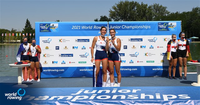 Zelie Jacoulet (b), Fleur Vaucoret (s), France, Gold, Magdalena Jesus Nannig Rojas (b), Antonia Leonor Liewald Heise (s), Chile, Silver, Lena Gresens (b), Anni Koetitz (s), Germany, Bronze, Women's Pair, 2021 World Rowing Junior Championships, Plovdiv, Bulgaria / Detlev Seyb/MyRowingPhoto.com