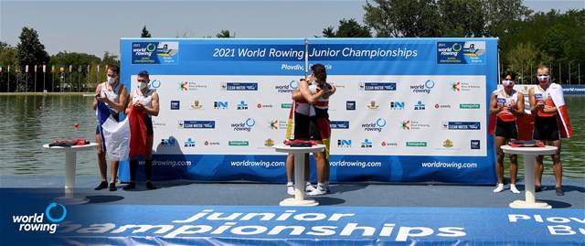 Finn Staeblein (b), Adrian Groth (s), Germany, Gold, Samuel Arque (b), Martin Bauer (s), France, Silver, Mikolaj Kulka (b), Daniel Galeza (s), Poland, Bronze, Men's Double Sculls, 2021 World Rowing Junior Championships, Plovdiv, Bulgaria, 2021 World Rowing Junior Championships, Plovdiv, Bulgaria / Detlev Seyb/MyRowingPhoto.com
