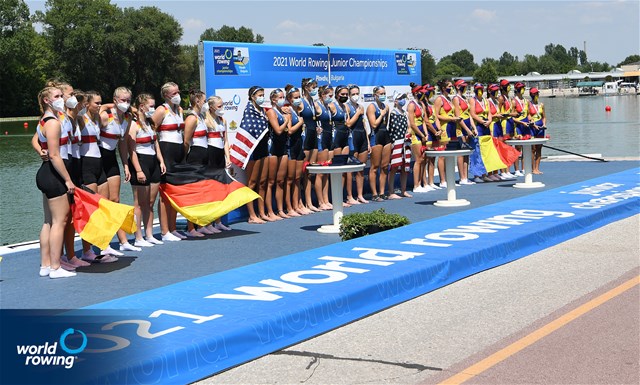 Catherine Van Stone (b), Sofia Simone, Paloma Sequeira, Lauren Peters, Mia Levy, Sophia Klessel, Elsa Hartman, Nora Goodwillie (s), Julietta Camahort (c), United States of America, Gold, Andra Aumann (b), Johanna Sziedat, Celina Grunwald, Anne Schepinski, Marie Luise Kohlbach, Frederike Foester, Eva Weitzel, Emilia Fritz (s), Magdalena Hallay (c), Germany, SIlver, Mariana-Laura Dumitru (b), Elena Silvia Mocanu, Florentina-Georgiana Neculaeasa, Ana-Maria Loghin, Petruta-Ionela Popa, Elena-Andreea Cerbu, Valentina Amalia Azoitei, Alexandra-Georgiana Ruscuta (s), Victoria-Stefania Petreanu (c), Romania, Bronze, Women's Eight, 2021 World Rowing Junior Championships, Plovdiv, Bulgaria / Detlev Seyb/MyRowingPhoto.com