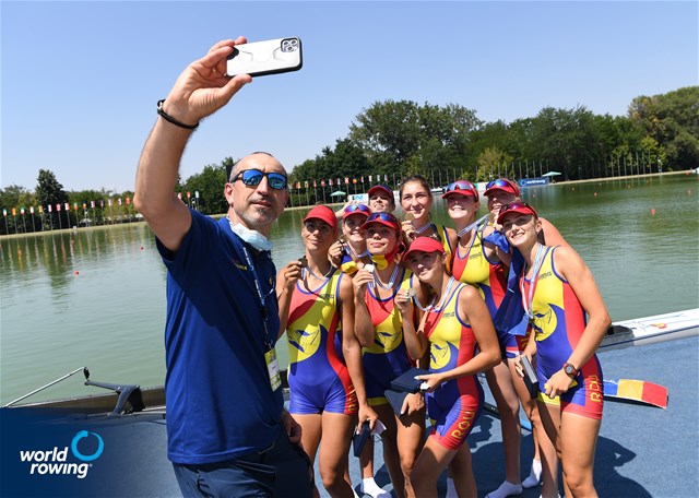 Mariana-Laura Dumitru (b), Elena Silvia Mocanu, Florentina-Georgiana Neculaeasa, Ana-Maria Loghin, Petruta-Ionela Popa, Elena-Andreea Cerbu, Valentina Amalia Azoitei, Alexandra-Georgiana Ruscuta (s), Victoria-Stefania Petreanu (c), Women's Eight, Romania, 2021 World Rowing Junior Championships, Plovdiv, Bulgaria / Detlev Seyb/MyRowingPhoto.com