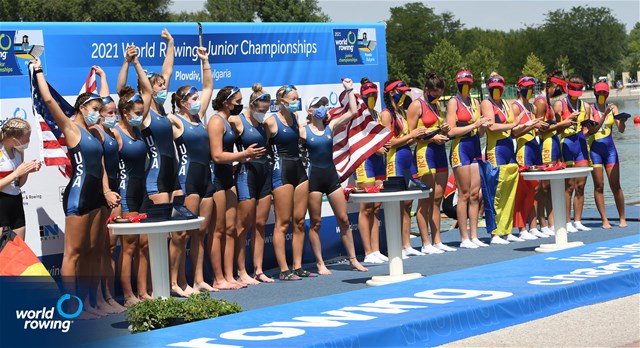 Catherine Van Stone (b), Sofia Simone, Paloma Sequeira, Lauren Peters, Mia Levy, Sophia Klessel, Elsa Hartman, Nora Goodwillie (s), Julietta Camahort (c), United States of America, Gold, Andra Aumann (b), Johanna Sziedat, Celina Grunwald, Anne Schepinski, Marie Luise Kohlbach, Frederike Foester, Eva Weitzel, Emilia Fritz (s), Magdalena Hallay (c), Germany, SIlver, Mariana-Laura Dumitru (b), Elena Silvia Mocanu, Florentina-Georgiana Neculaeasa, Ana-Maria Loghin, Petruta-Ionela Popa, Elena-Andreea Cerbu, Valentina Amalia Azoitei, Alexandra-Georgiana Ruscuta (s), Victoria-Stefania Petreanu (c), Romania, Bronze, Women's Eight, 2021 World Rowing Junior Championships, Plovdiv, Bulgaria / Detlev Seyb/MyRowingPhoto.com
