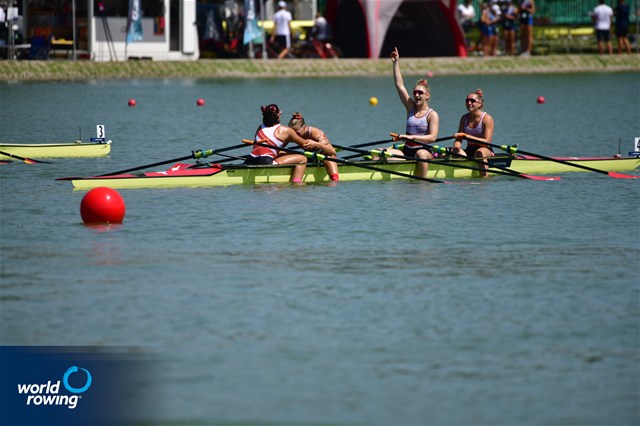 Thalia Ahumada Ireland (b), Nicole Schmid, Lina Kuehn, Olivia Roth (s), Women's Quadruple Sculls, Switzerland, 2021 World Rowing Junior Championships, Plovdiv, Bulgaria / World Rowing/Benedict Tufnell 
