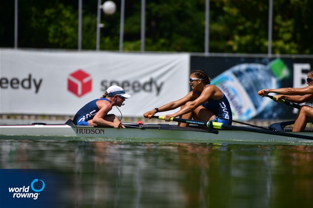 Catherine Van Stone (b), Sofia Simone, Paloma Sequeira, Lauren Peters, Mia Levy, Sophia Klessel, Elsa Hartman, Nora Goodwillie (s), Julietta Camahort (c), Women's Eight, United States of America, 2021 World Rowing Junior Championships, Plovdiv, Bulgaria / World Rowing/Benedict Tufnell 