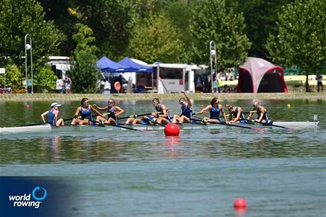 Catherine Van Stone (b), Sofia Simone, Paloma Sequeira, Lauren Peters, Mia Levy, Sophia Klessel, Elsa Hartman, Nora Goodwillie (s), Julietta Camahort (c), Women's Eight, United States of America, 2021 World Rowing Junior Championships, Plovdiv, Bulgaria / World Rowing/Benedict Tufnell 