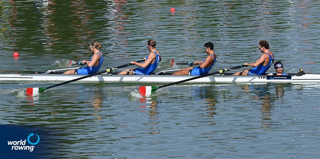 Emilio Pappalettera (b), Simone Pappalepore, Luca Vicino, Marco Vicino (s), Lorenzo Fanchi (c), Men's Coxed Four, Italy, 2021 World Rowing Junior Championships, Plovdiv, Bulgaria / Detlev Seyb/MyRowingPhoto.com