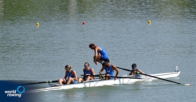 Emilio Pappalettera (b), Simone Pappalepore, Luca Vicino, Marco Vicino (s), Lorenzo Fanchi (c), Men's Coxed Four, Italy, 2021 World Rowing Junior Championships, Plovdiv, Bulgaria / Detlev Seyb/MyRowingPhoto.com