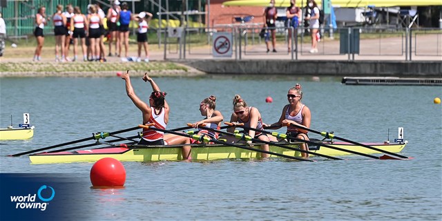 Thalia Ahumada Ireland (b), Nicole Schmid, Lina Kuehn, Olivia Roth (s), Women's Quadruple Sculls, Switzerland, 2021 World Rowing Junior Championships, Plovdiv, Bulgaria / Detlev Seyb/MyRowingPhoto.com