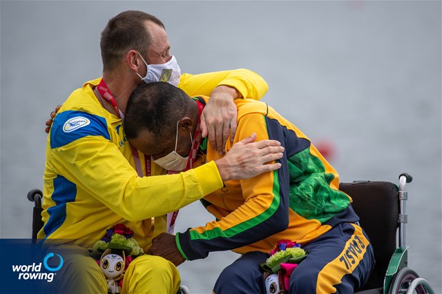 Roman Polianskyi, Ukraine, Gold, Rene Campos Pereira, Brazil, Bronze, PR1 Mens Single Sculls, 2020 Paralympic Games Regatta, Tokyo, Japan / World Rowing/Benedict Tufnell