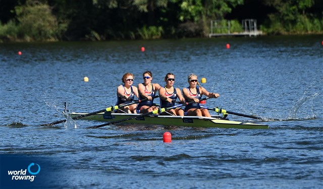 Phoebe Snowden (b), Hannah Cooper, Georgina Robinson Ranger, Isabelle Hawes (s), Women's Four, Great Britain, 2021 European Rowing Under 23 Championships, Kruszwica, Poland / Detlev Seyb/MyRowingPhoto.com