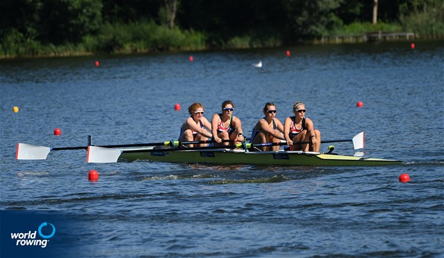 Phoebe Snowden (b), Hannah Cooper, Georgina Robinson Ranger, Isabelle Hawes (s), Women's Four, Great Britain, 2021 European Rowing Under 23 Championships, Kruszwica, Poland / Detlev Seyb/MyRowingPhoto.com