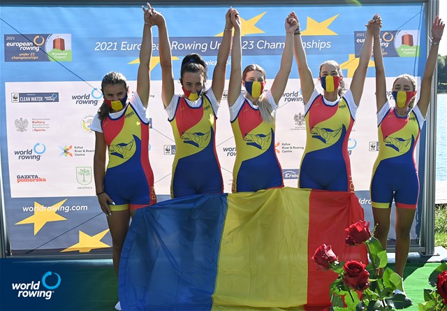 Amalia Bucu (b), Larisa-Andreea Bogdan, Manuela-Gabriela Lungu, Cosmina-Maria Podaru (s), Victoria-Stefania Petreanu (c), Women's Coxed Four, Romania, gold, 2021 European Rowing Under 23 Championships, Kruszwica, Poland / Detlev Seyb/MyRowingPhoto.com