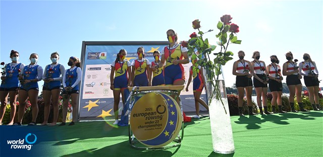 Amalia Bucu (b), Larisa-Andreea Bogdan, Manuela-Gabriela Lungu, Cosmina-Maria Podaru (s), Victoria-Stefania Petreanu (c), Romania, gold, Andrea Alfano (b), Alice Dorci, Giulia Landolfi, Dora Tufano (s), Alessandra Faella (c), Italy, silver, Lena Radke (b), Celina Waldschmidt, Leandra Reich, Chiara Kracklauer (s), Janne-Marit Boerger (c), Germany, bronze, Women's Coxed Four, 2021 European Rowing Under 23 Championships, Kruszwica, Poland / Detlev Seyb/MyRowingPhoto.com