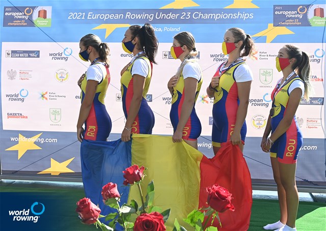Amalia Bucu (b), Larisa-Andreea Bogdan, Manuela-Gabriela Lungu, Cosmina-Maria Podaru (s), Victoria-Stefania Petreanu (c), Women's Coxed Four, Romania, gold, 2021 European Rowing Under 23 Championships, Kruszwica, Poland / Detlev Seyb/MyRowingPhoto.com