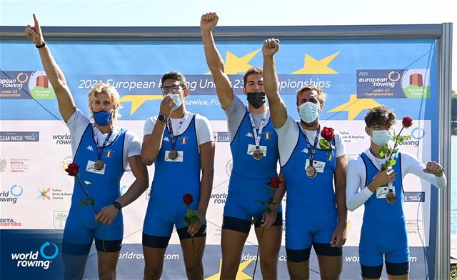 Andrea Carando (b), Davide Verita', Alessandro Bonamoneta, Nunzio Di Colandrea (s), Emanuele Capponi (c), Men's Coxed Four, Italy, gold, 2021 European Rowing Under 23 Championships, Kruszwica, Poland / Detlev Seyb/MyRowingPhoto.com