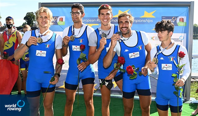 Andrea Carando (b), Davide Verita', Alessandro Bonamoneta, Nunzio Di Colandrea (s), Emanuele Capponi (c), Men's Coxed Four, Italy, gold, 2021 European Rowing Under 23 Championships, Kruszwica, Poland / Detlev Seyb/MyRowingPhoto.com