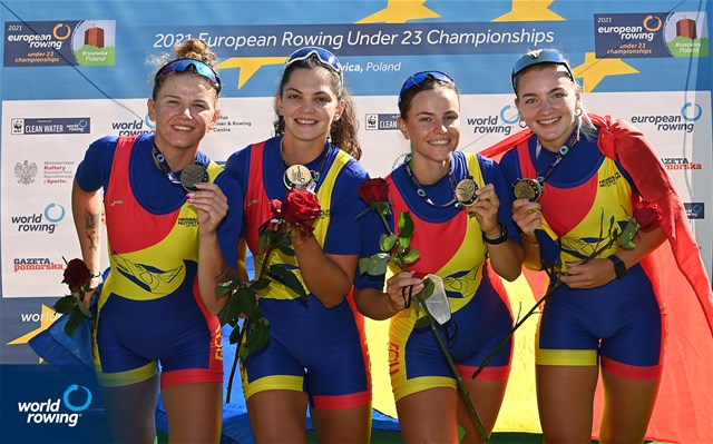 Andreea Popa (b), Maria Tivodariu, Magdalena Rusu, Alina-Maria Baletchi (s), Women's Four, Romania, gold, 2021 European Rowing Under 23 Championships, Kruszwica, Poland / Detlev Seyb/MyRowingPhoto.com