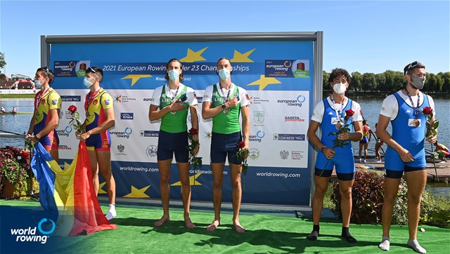 Dovydas Stankunas (b), Domantas Stankunas (s), Lithuania, gold, Dumitru-Alexandru Ciobica (b), Florin Lehaci (s), Romania, silver, Paolo Covini (b), Giovanni Codato (s), Men's Pair, Italy, Italy, bronze, Men's Pair, 2021 European Rowing Under 23 Championships, Kruszwica, Poland / Detlev Seyb/MyRowingPhoto.com