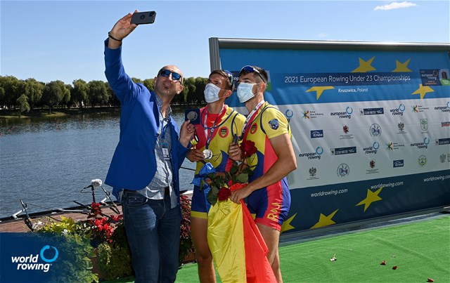 Dumitru-Alexandru Ciobica (b), Florin Lehaci (s), Men's Pair, Romania, silver, 2021 European Rowing Under 23 Championships, Kruszwica, Poland / Detlev Seyb/MyRowingPhoto.com