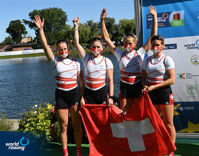 Salome Ulrich (b), Nina Wettstein, Lisa Loetscher, Celia Dupre (s), Women's Quadruple Sculls, Switzerland, silver, 2021 European Rowing Under 23 Championships, Kruszwica, Poland / Detlev Seyb/MyRowingPhoto.com