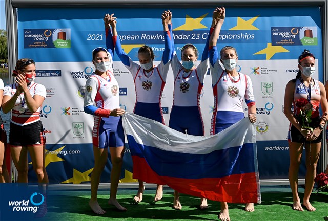 Tatiana Ustselemova (b), Iana Merenkova, Anastasiia Liubich, Elizaveta Kovina (s), Women's Quadruple Sculls, Russia, gold, 2021 European Rowing Under 23 Championships, Kruszwica, Poland / Detlev Seyb/MyRowingPhoto.com