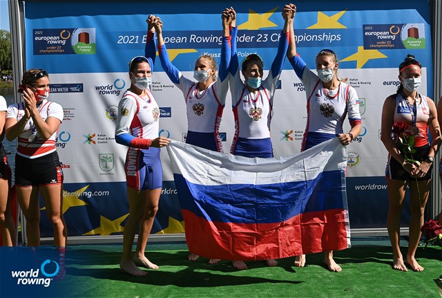 Tatiana Ustselemova (b), Iana Merenkova, Anastasiia Liubich, Elizaveta Kovina (s), Women's Quadruple Sculls, Russia, gold, 2021 European Rowing Under 23 Championships, Kruszwica, Poland / Detlev Seyb/MyRowingPhoto.com